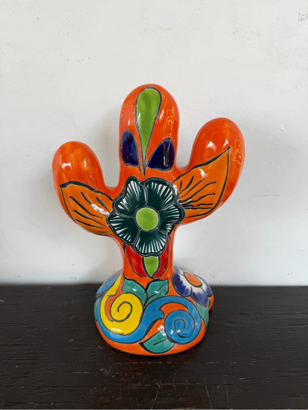 Hand-Painted Talavera Orange Cactus Sculpture  Décor.